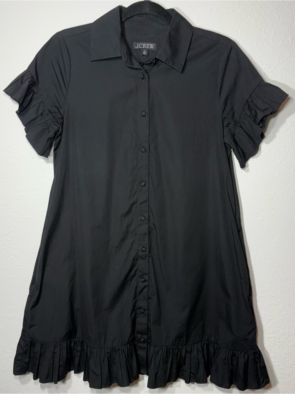 J.Crew Ruffle Hem Shirt Dress In Cotton Poplin Black Size XS Summer Resort